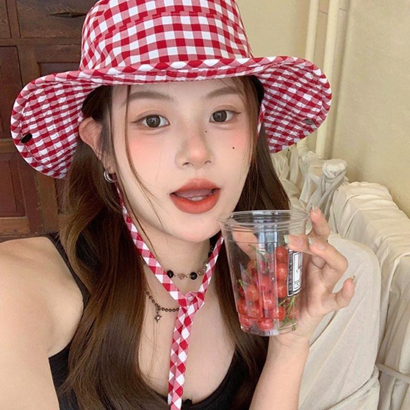 Japanese Style Sweet Gingham Basin Cap Adjustable Bucket Hat For Women And Men Soft Cotton Summer Sun Protection
