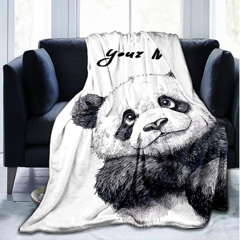 1PC Custom Name Panda Sketch Card outdooor Flannel blankets Throw Blanket All-Season Throw Gift Bedspread for Couch, Bed, Camping Holiday Birthda