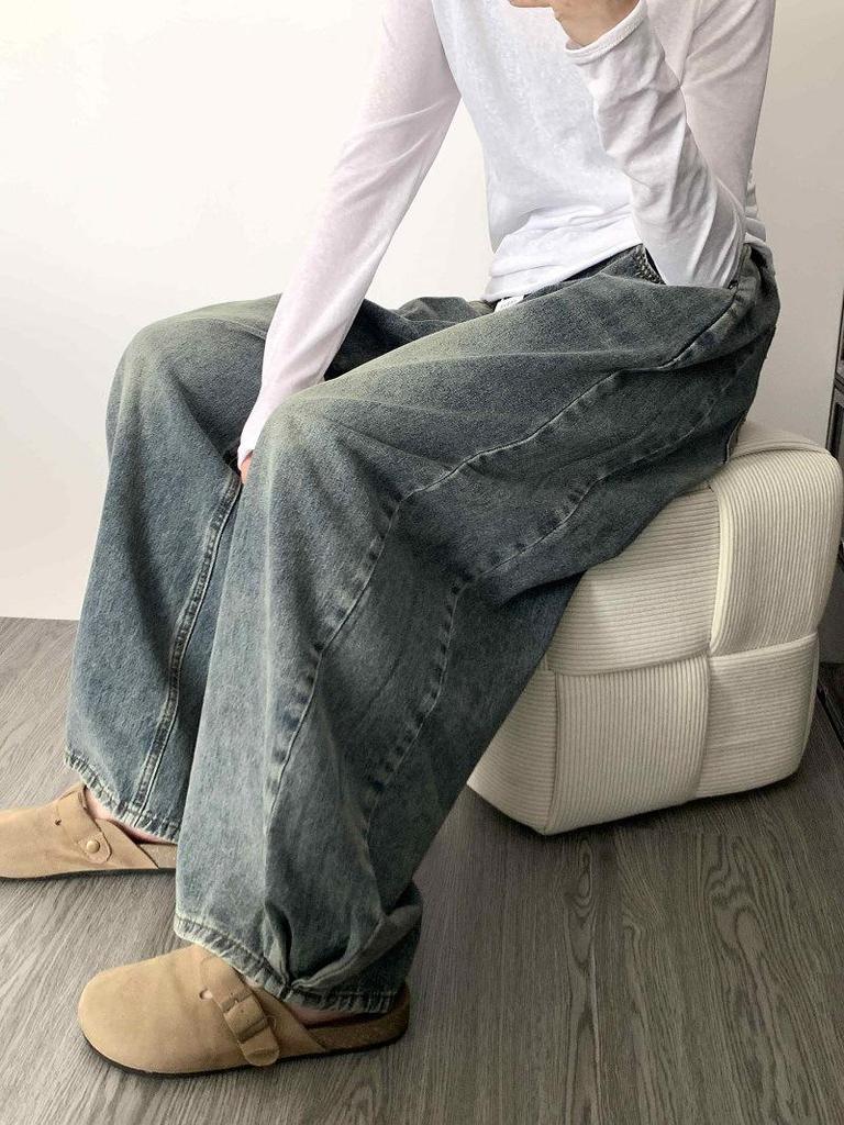 Women's Designer High-Waisted Pleated Wide-Leg Jeans - Summer Retro Washed Drapey Floor-Length Style
