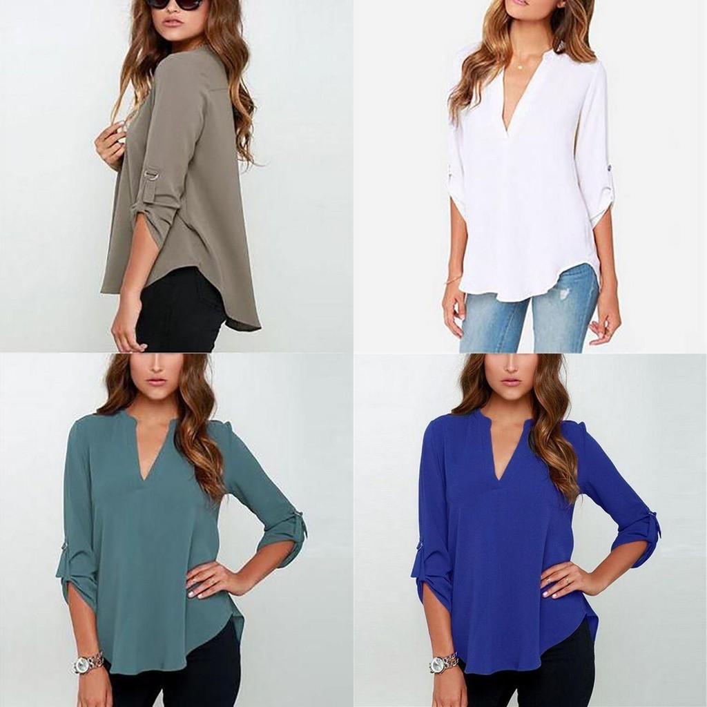 Stylish Women's Casual Long Sleeve V-neck T-shirt Pullover Tunic Blouse Options