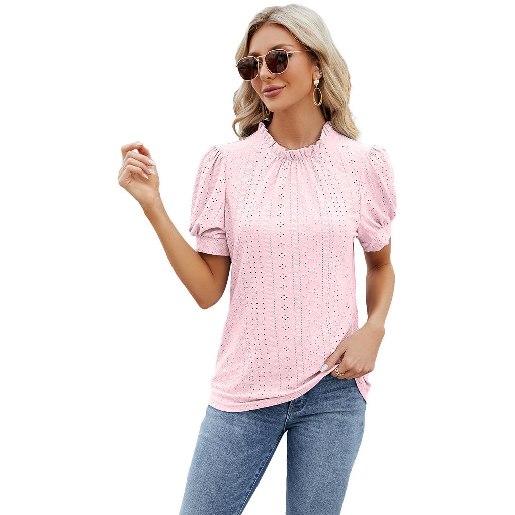 Summer Women's T-shirt Lace Neck Bubble Sleeve Loose Pleated T-shirt