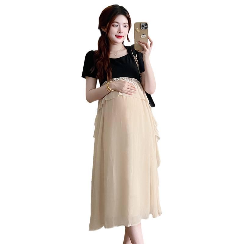 2026 Korean Style Summer Maternity Dress - Sweet, Loose, Patchwork, Fake Two-Piece Design
