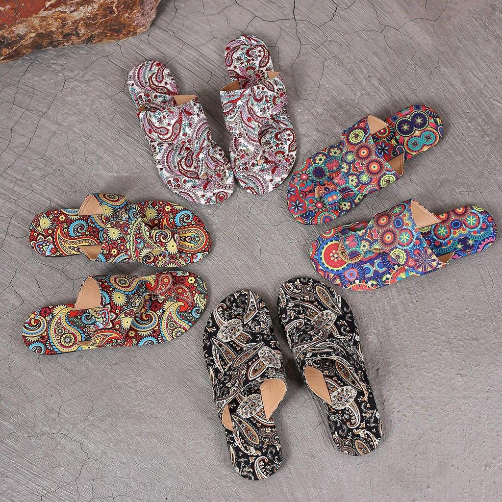 Summer Women's Bohemian Flat Sandals Colorful Patterned Slippers Casual Open Toe Beach Slippers