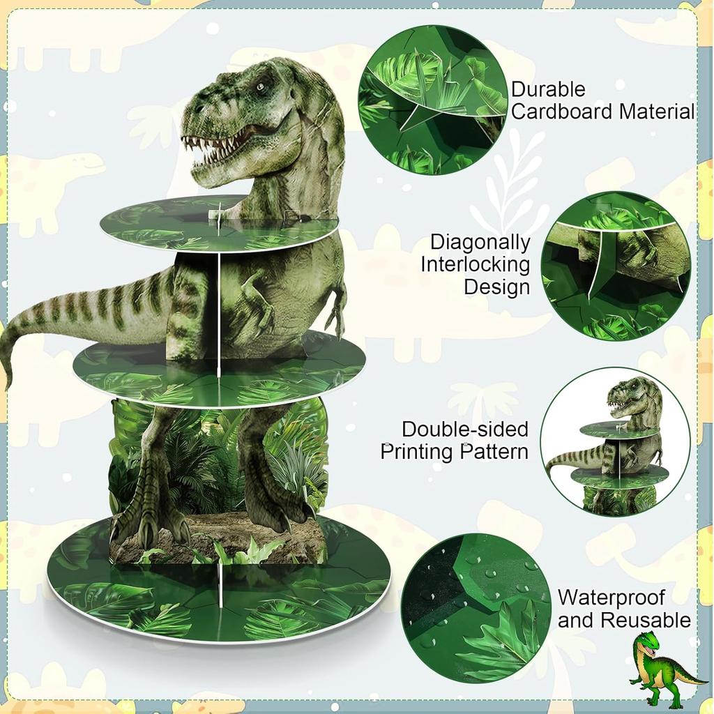 Censen 3 Tier Dinosaur Cupcake Stand Party Decorations 24 Pcs Dinosaur Figure Toys Cupcake Toppers Holder Dessert Tower for Boys Jungle Theme