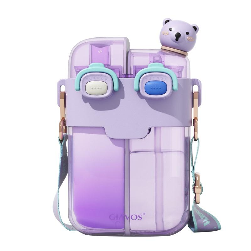 

Мультяшная бутылка для воды для детей, чашка с двойной соломинкой, портативная герметичная бутылка 780ML фиолетовый