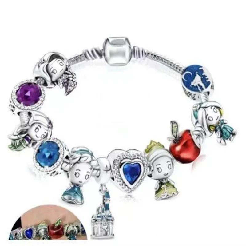 Colors Enamel Disney Princess Dress Charms Pulseiras for Girls Colorful Glass Beads Bracelets&Bangles Women Cartoon Skirt Dangle