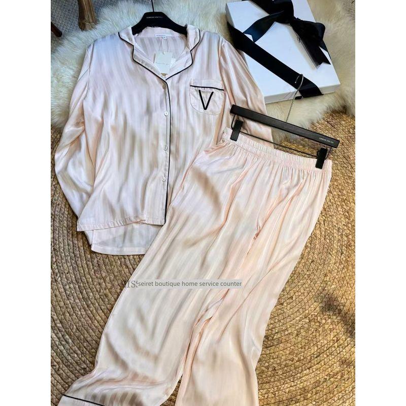 

He Sui Same Style Vido Secret Pink Pansy Silk Satin Pajamas Women Autumn and Winter Long sleeve Homewear Soft Peach striped large V S(85~105)