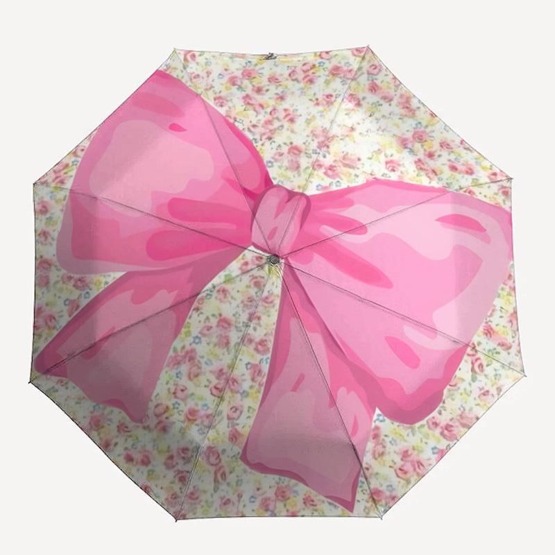 1pc Floral Bow Automatic Folding Umbrella, 8-Rib Iron Frame, Casual Outdoor Accessory for Birthday Festival Gifts Yy251128205