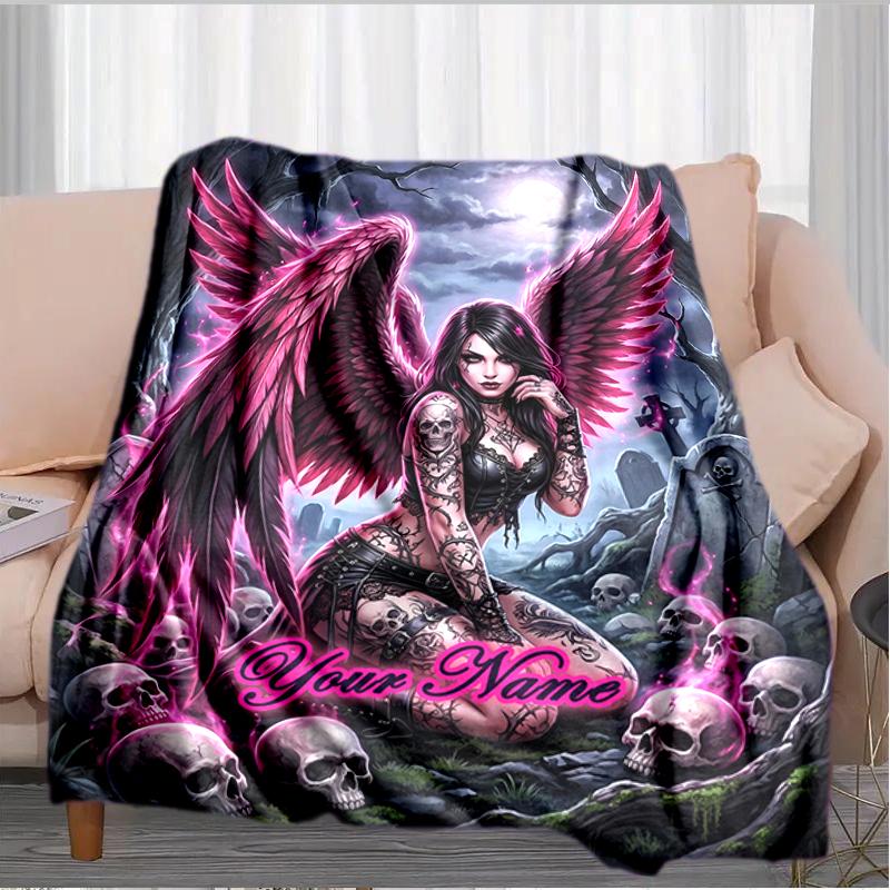 1PC Custom Name Gothic Angel Skulls Night flannel blanket versatile,all-season throw suitable for the living room,bedroom,camping,travel,and gift