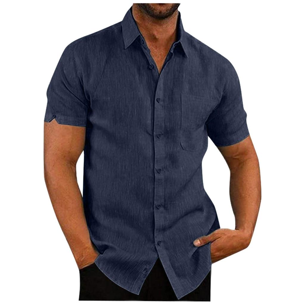 Men's Spring Summer Casual Solid Color Cotton Loose Lapel Short Sleeve Men's Shirt Men's Tops