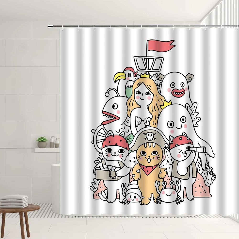 Cartoon Shower Curtain Set With Hooks Simple Watercolor Animals Pattern Children's Room Bathroom Bathtub Decor Screens Washable