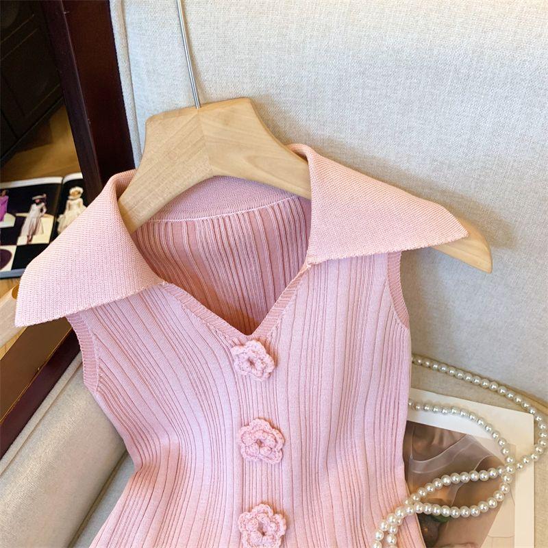 Sweet Pink 3D Floral Knitted Vest Women's Summer French Slim Fit Elegant Polo Collar Short Top