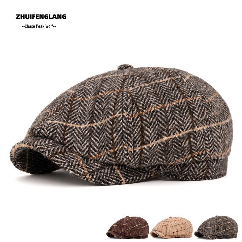 Men's Warm Fleece-Lined Striped Duckbill Beret - British Style Autumn/Winter Newsboy Cap