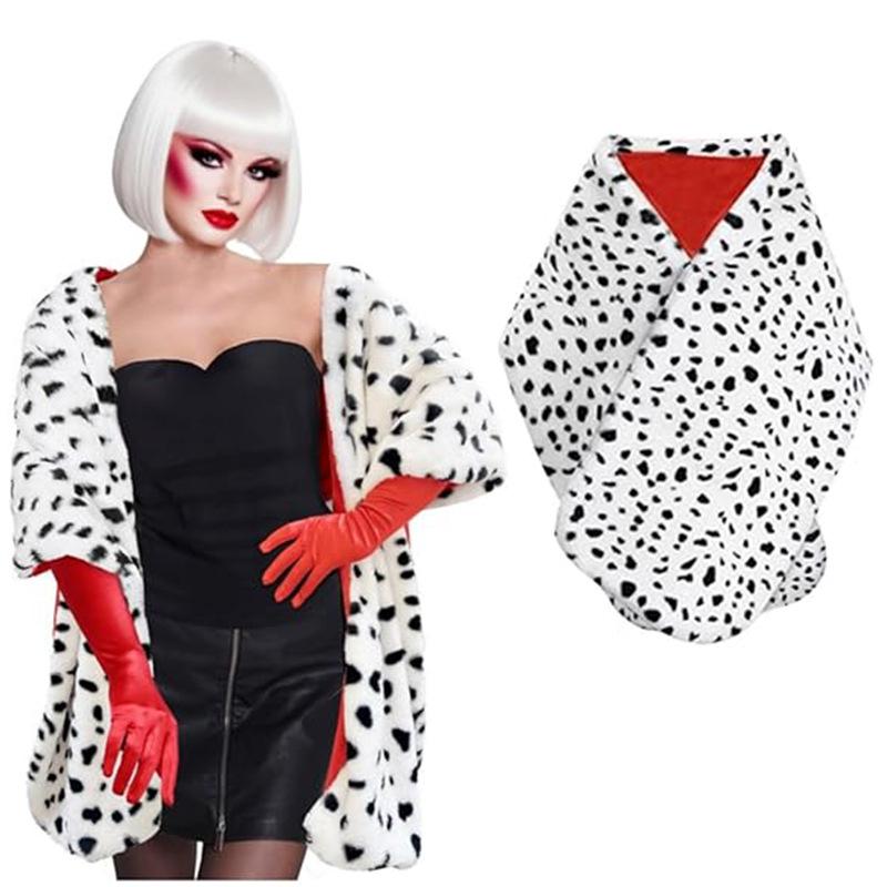 Cruella Dalmatian Costume Set: Halloween Witch Role Play with Black & White Scarf