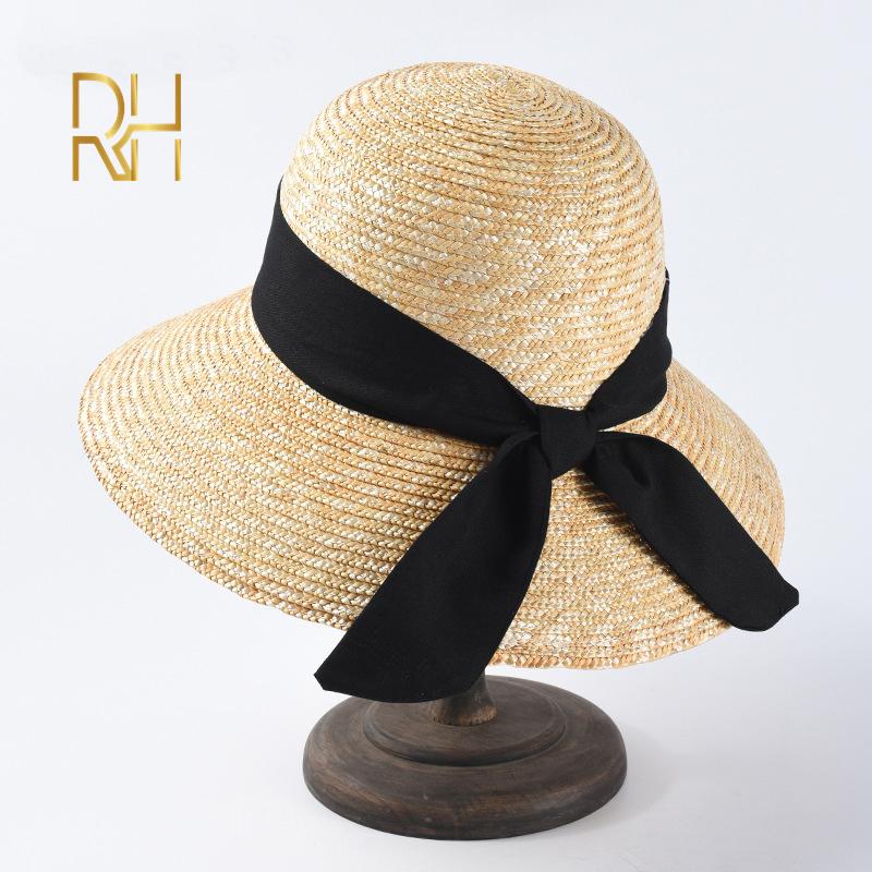 

RH Natural Straw Bucket Wheat Visor Hat Travel Outdoor Women Summer Dome Beach Caps With Black Ribbon One Size чорний