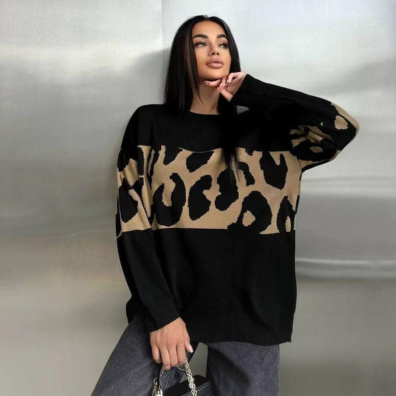 

European and American Retro New Casual Loose Contrast Color Leopard Print Sweater Loose Leopard Print Sweater Black S