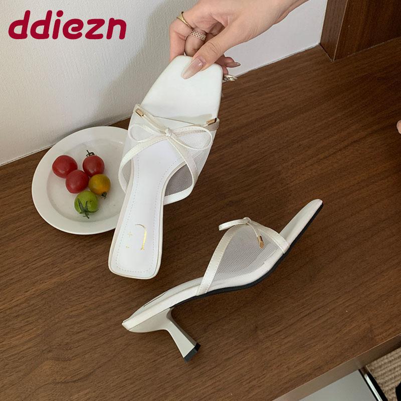 Fashion Fashion Butterfly-Knot Women Thin Heels Pumps Shoes Mesh Footwear Square Toe Ladies Heeled Shoes Female Slides Sandals Pumps