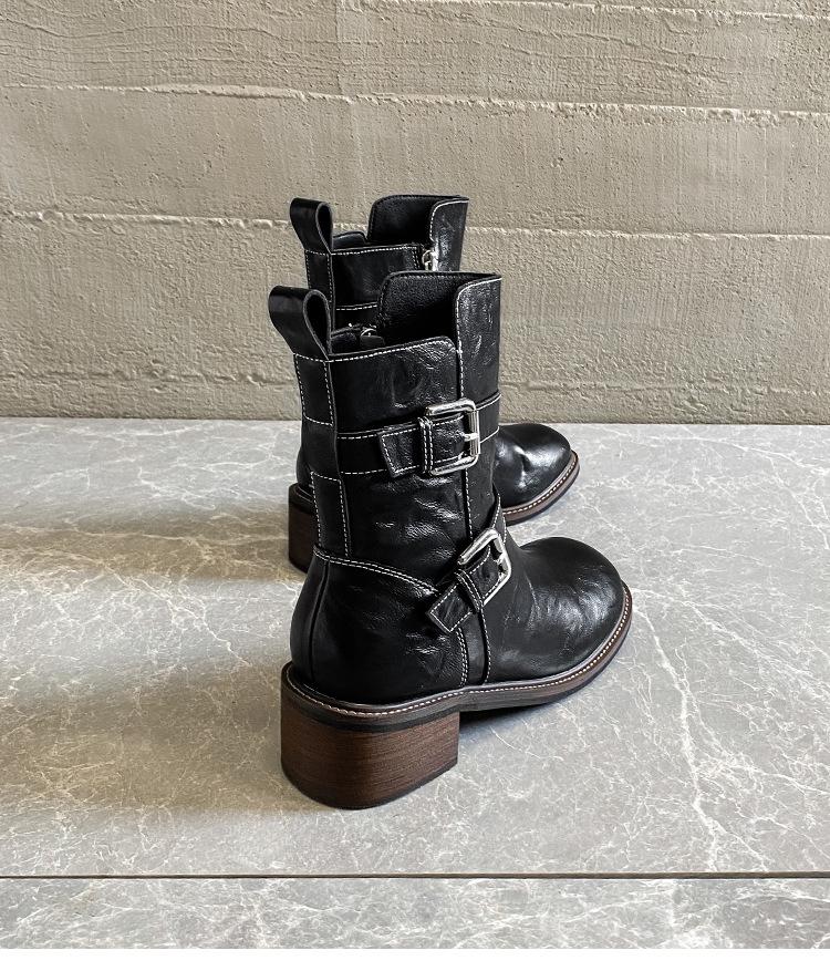 Maillard Retro Distressed Chunky Heel Ankle Boots, Women's Versatile Spring/Autumn Buckle Round Toe Thick Sole Knight Boots