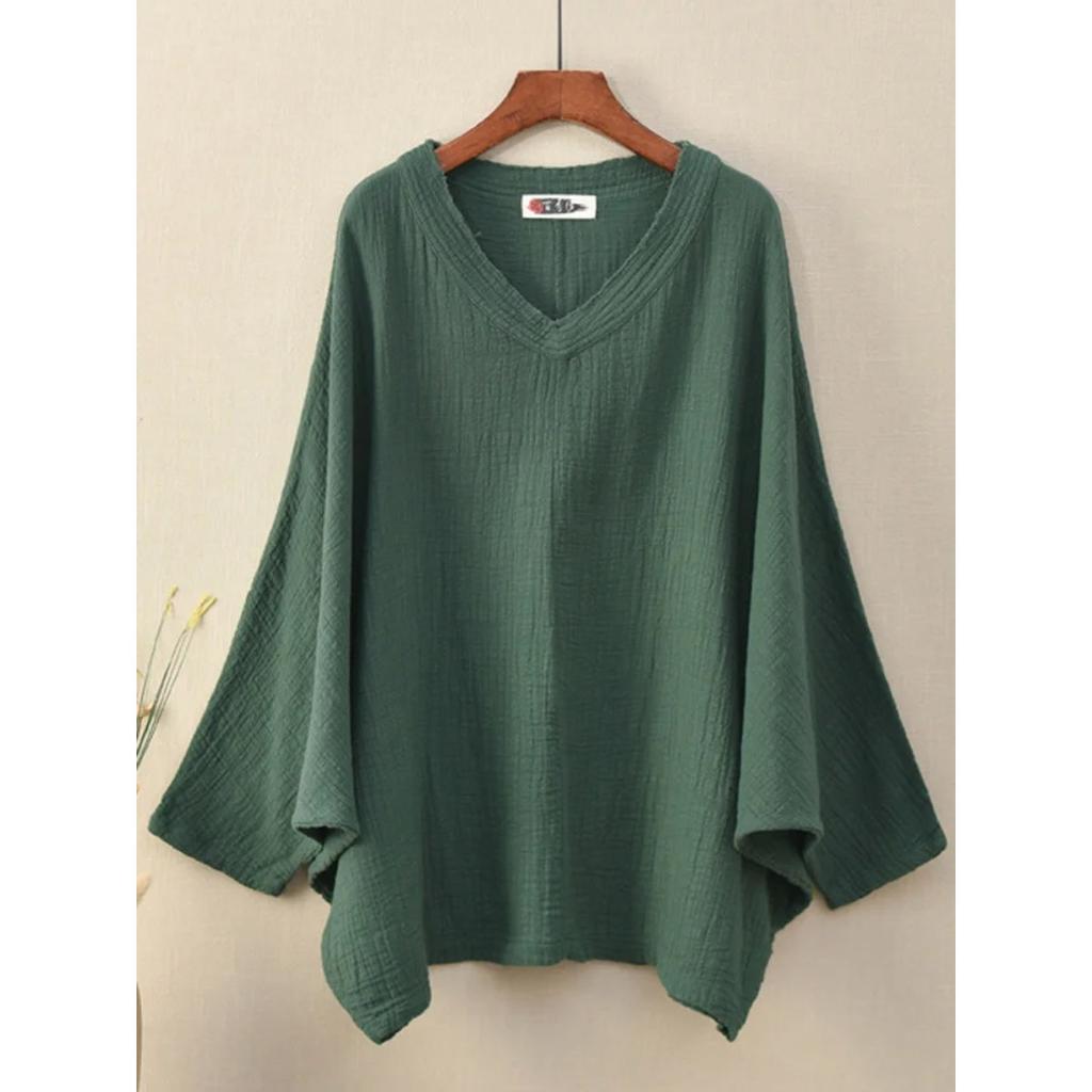 Bat Sleeve T-Shirts Vintage Women Cotton Linen V-Neck Solid Color Women Cloths Casual T-Shirts