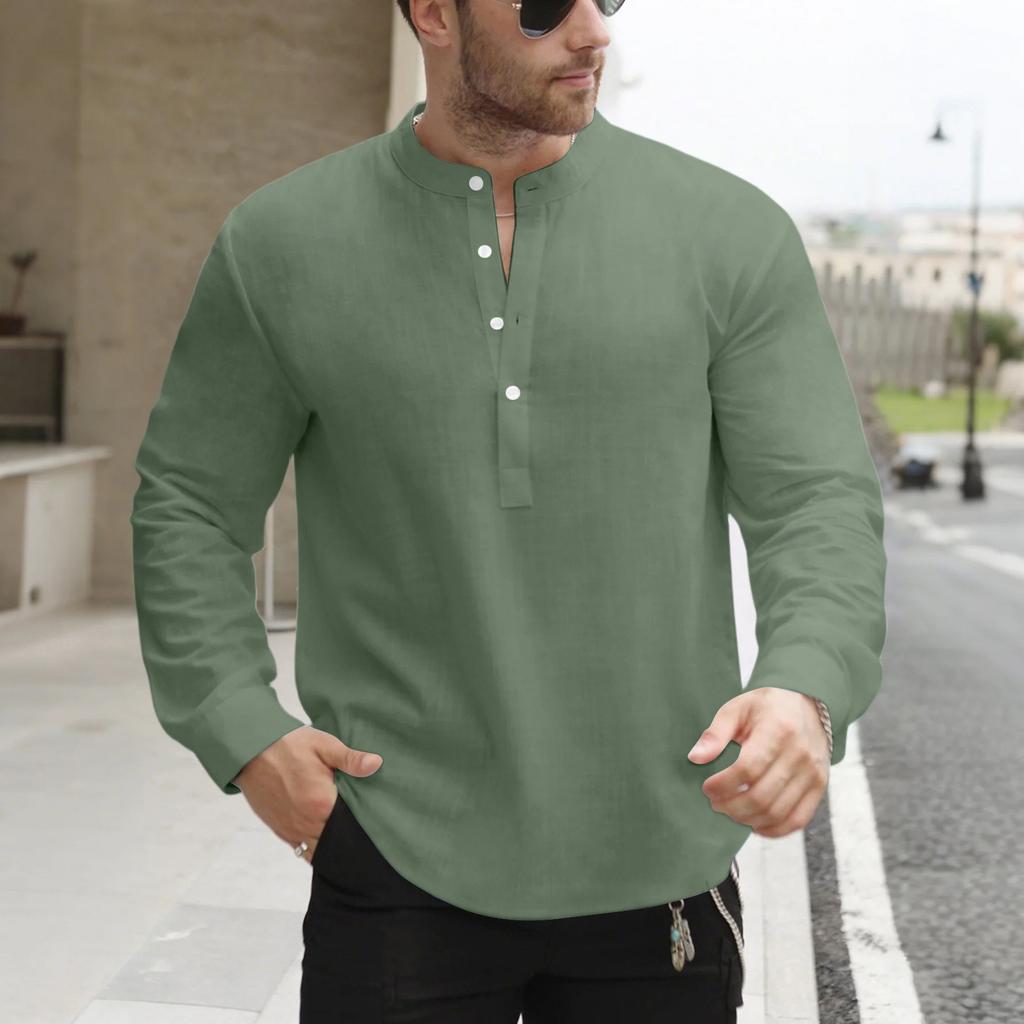 Men's Casual Stand Collar Half Door Cylinder Color Knot Cotton Linen Long Sleeve Shirt
