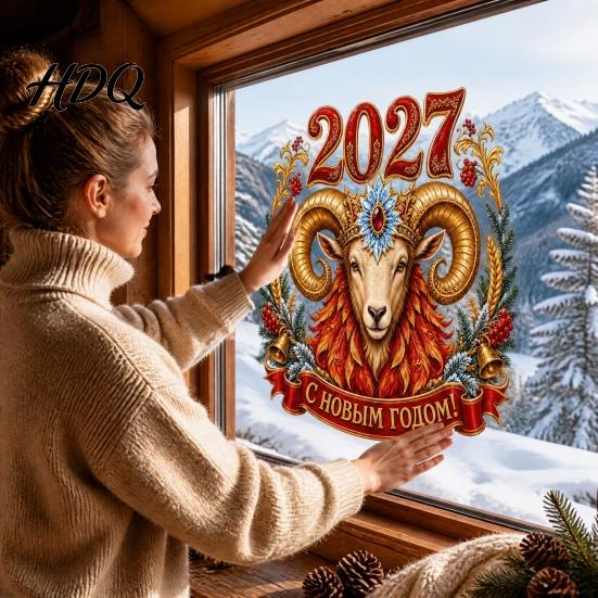 Electrostatic Adsorption Clings 2027 Year Sheep Window Decal Russian Happy New Static Sticker Zodiac Kitchen Bathroom Wall Art Goat Glass