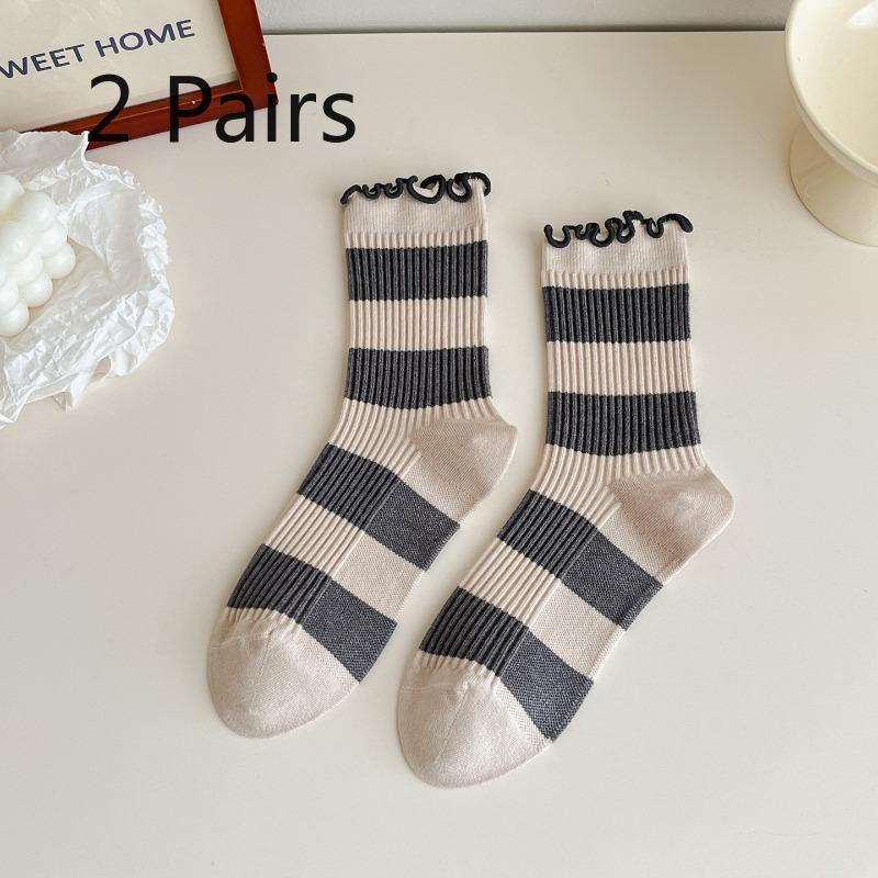 Two Pairs of Grey-colored Imitation Cashmere Striped Socks - Mid-calf Socks with Warm Stitching and Cute Lace Trim.