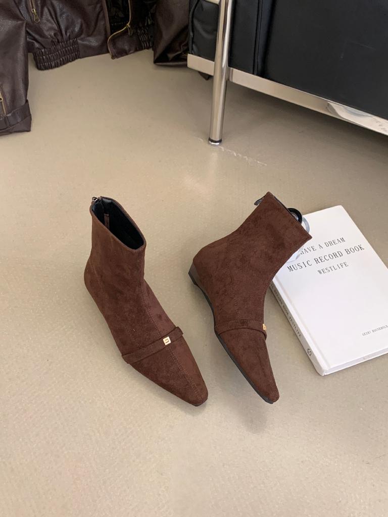 New Korean square head small metal slope bottom short boots autumn and winter suede temperament comfortable fashion short boots women