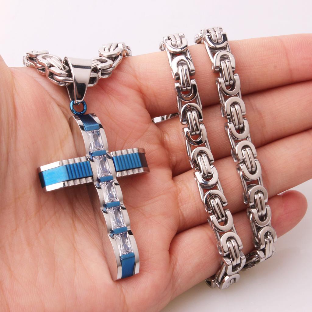 New Men Women Crystal Cross Pendant Gold Color 316L Stainless Steel 16-40" Byzantine Chain Necklace for Choose Popular Jewelry