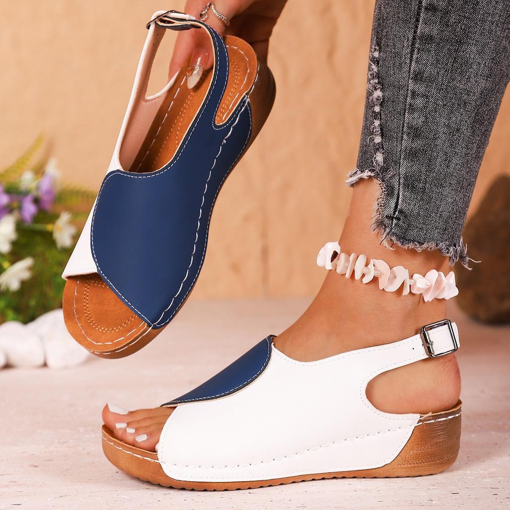 Fashion The 2025 Summer New Thick-soled Fish-mouth Two-tone Women's Shoes, Large-sized Velcro Perforated Beach Shoes