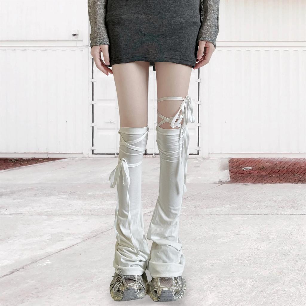 Y2k Women Leg Warmer Soft Solid Color Over The Knee Tie-up Thigh-high Leg Warmers Socks for Party Street