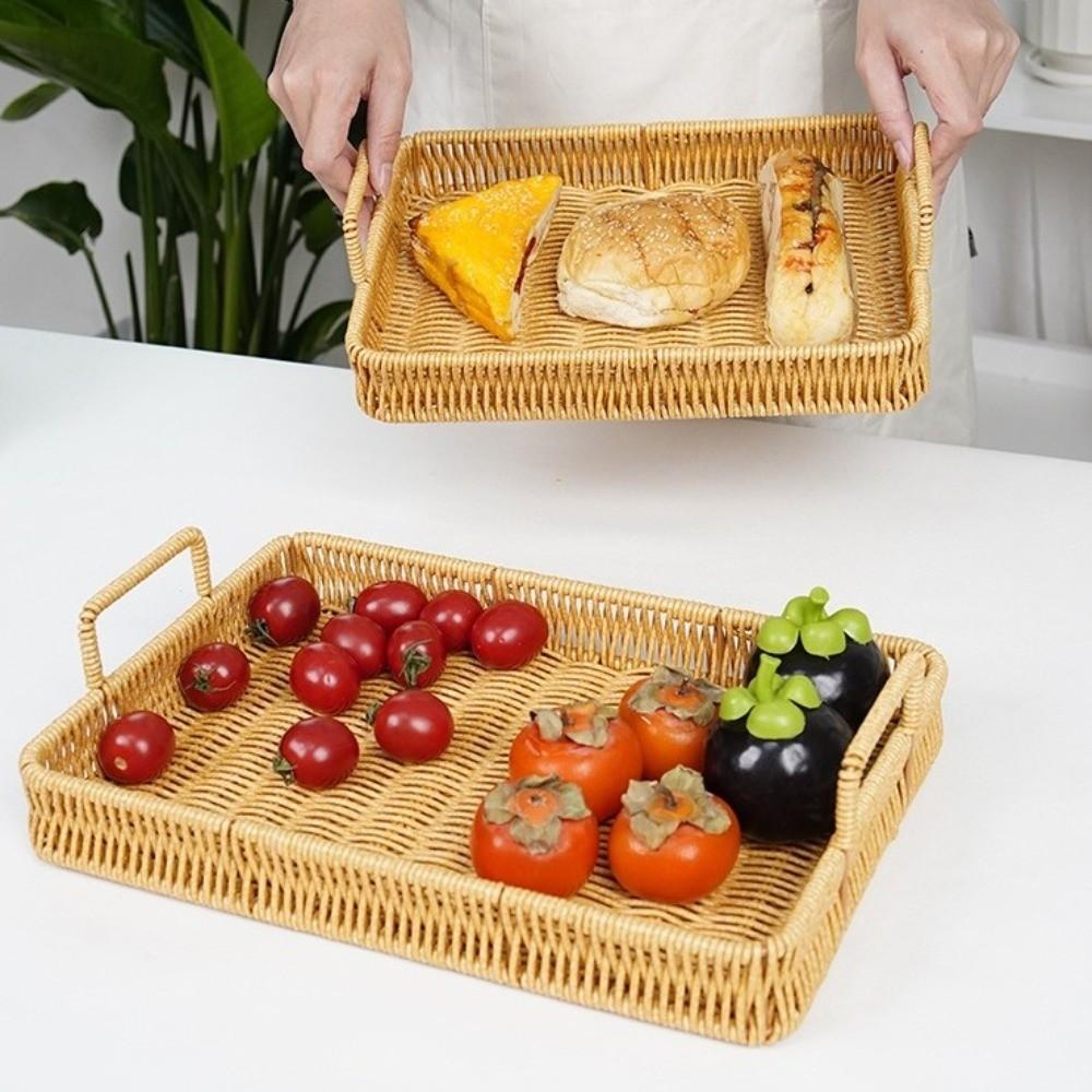 Retro Style Woven Serving Basket Woven Handheld Plastic Rattan Storage Tray  Kitchen Storage