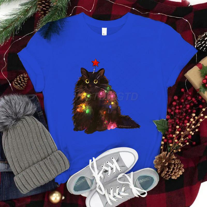 Women Tshirts Christmas Lights Cat Kawaii Cartoon Tops Tees Cute Animal Lover Funny T Shirts Girl Black Cat Fashion Casual Tops