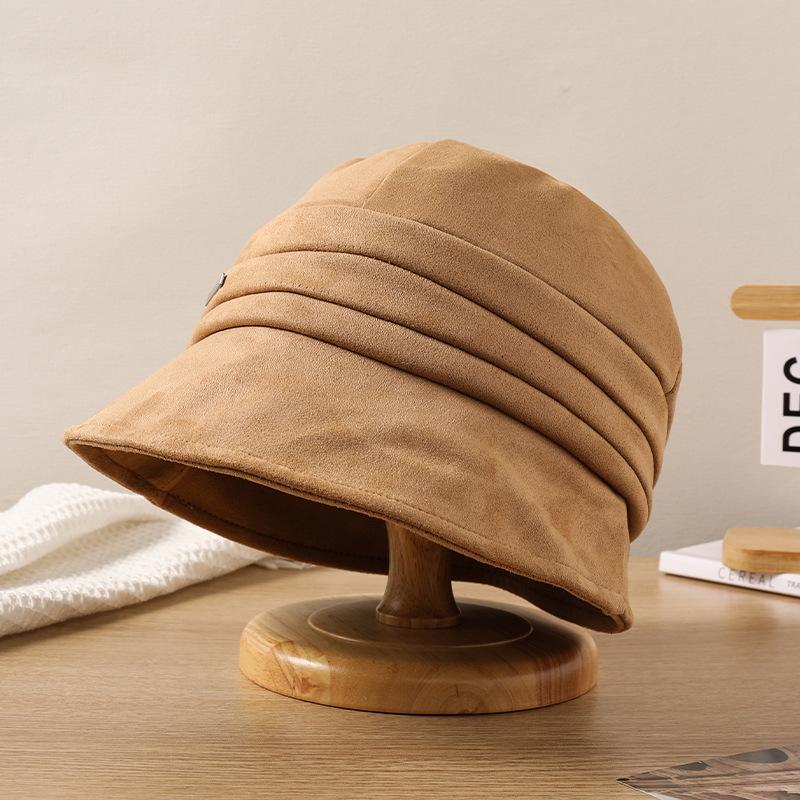 Hat Women's Autumn and Winter New Metal Standard Suede Cap Big Head Circumference Versatile Bucket Hat Shows a Small Face