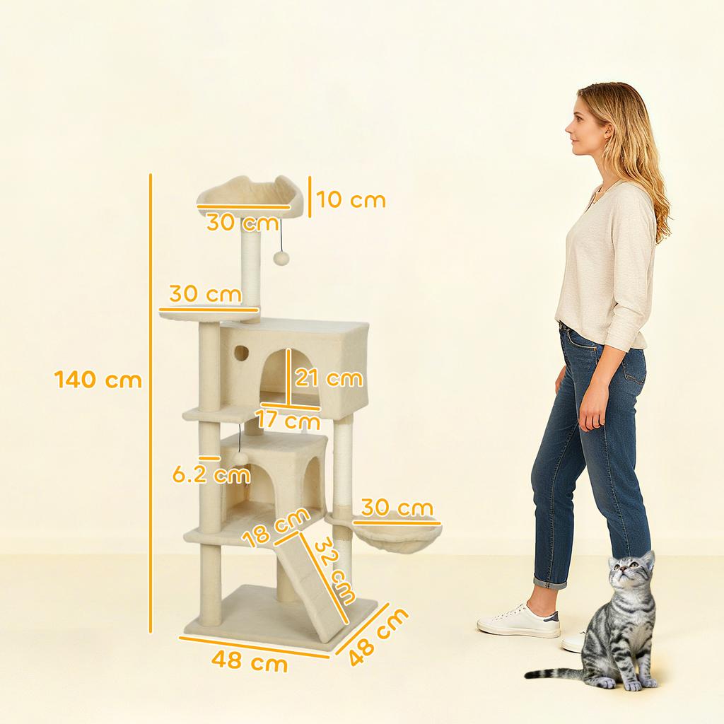 140cm Large Cat Tree Tower With Sisal Scratching Posts Condos Plush Perches Hammock Ladder Beige
