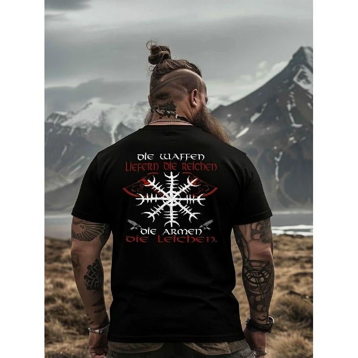Viking with Beard In Nordic Style Wears Black T-Shirt | Vegvisir Design In Mountain Landscape, Crew Neck, Slight Stretch, Regular Fit, Casual Style,