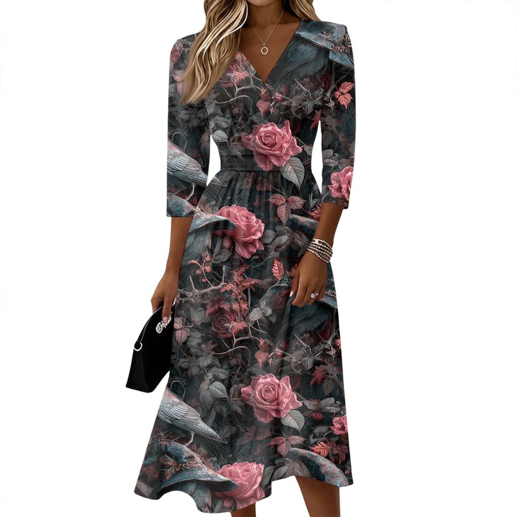 Women's Casual Three-Quarter Sleeve V-Neck Dress with Back Zipper for Everyday Wear