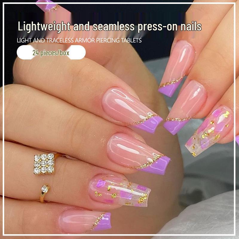 Purple Gold Glitter Medium-Long Luxury Nail Pieces with Jelly Glue