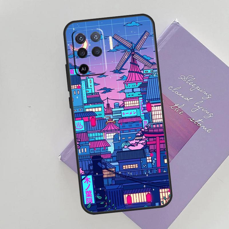 Cyberpunk  Village Neon Anime Case For OPPO Reno 5 Lite 2Z 2F A15 A52 A72 A83 A54 A74 A94 A5 A9 A31 A53 A53S 2020 Cover