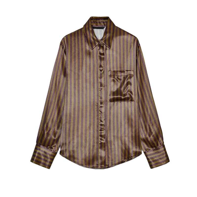 Spring New Women's Clothing Casual Pants 2298425 Stripes Print Silk Satin Textured Shirt 2298056