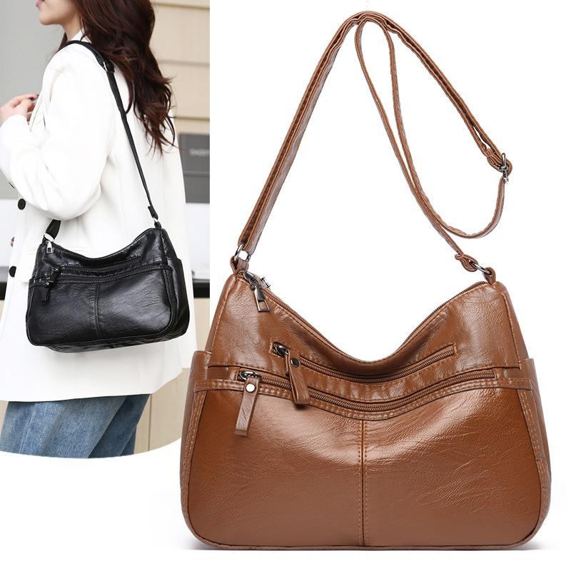 Retro washed pu bag women's fashion simple large-capacity mother bag multi-layer soft leather shoulder messenger bag