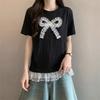Fake Two Ruffled Women's T-shirts Lace Large Bow Pattern Round Neck Short Sleeved Tees Korean Style Summer New Version Loose Woman Top