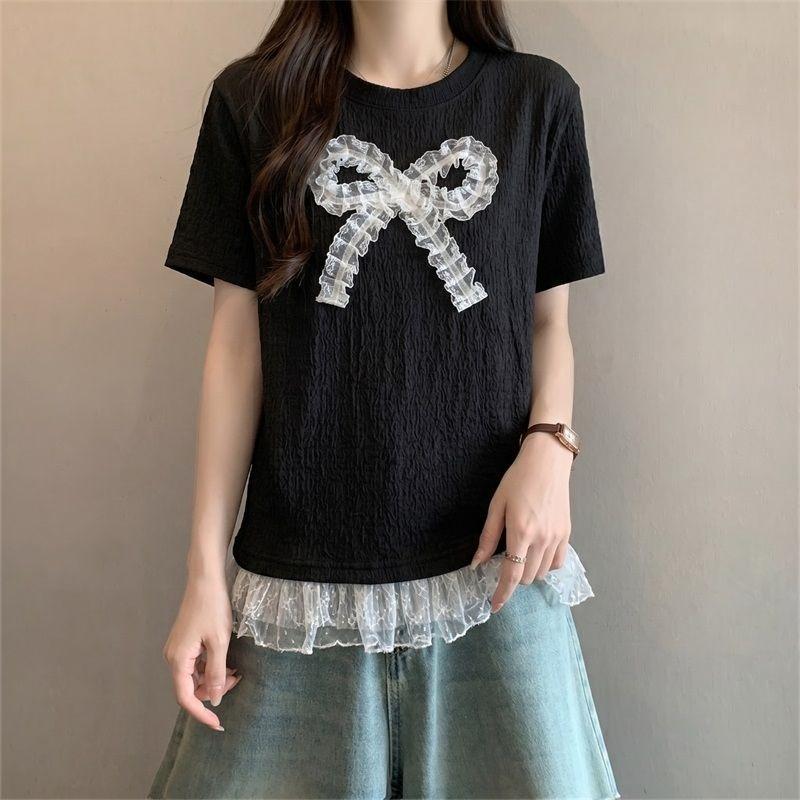 Fake Two Ruffled Women's T-shirts Lace Large Bow Pattern Round Neck Short Sleeved Tees Korean Style Summer New Version Loose Woman Top