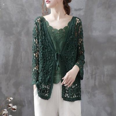 Women's Cut-out Knit Jacket Cotton Loose Cardigan Summer Sun Protection Lace Open Front Blouse