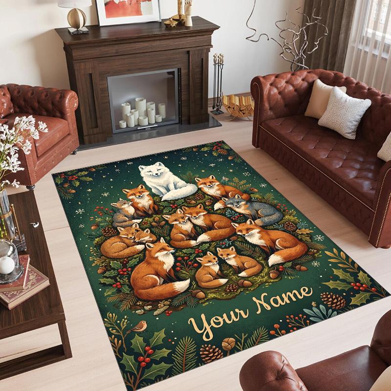 Fox Theme Crystal Velvet Floor Rug Personalized Custom Name Text Warm Carpet Home Decoration