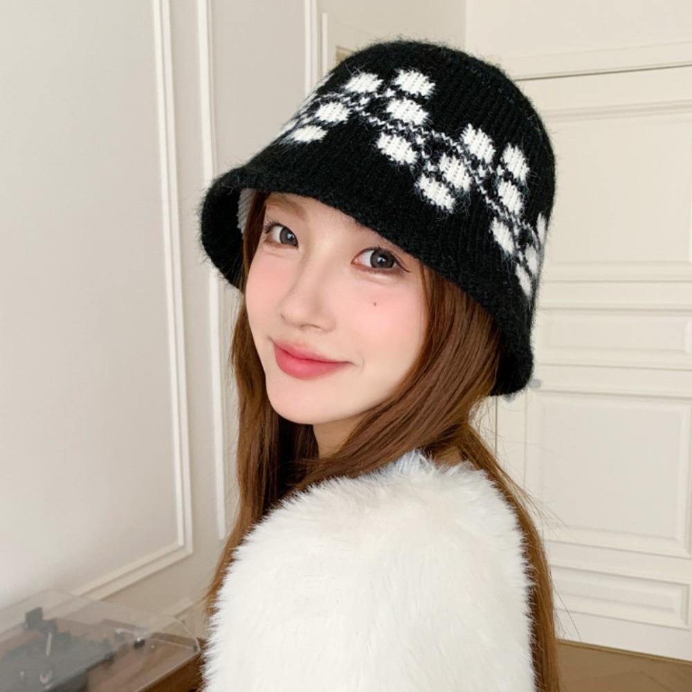 Sweet Floral Knitted Bucket Hat Retro Warm Fisherman Hat Jacquard Woolen Hat  Autumn and Winter