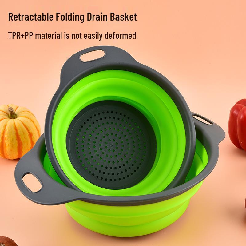 Folding Telescopic Colander: Round Vegetable & Fruit Washing Basket with Drying Rack