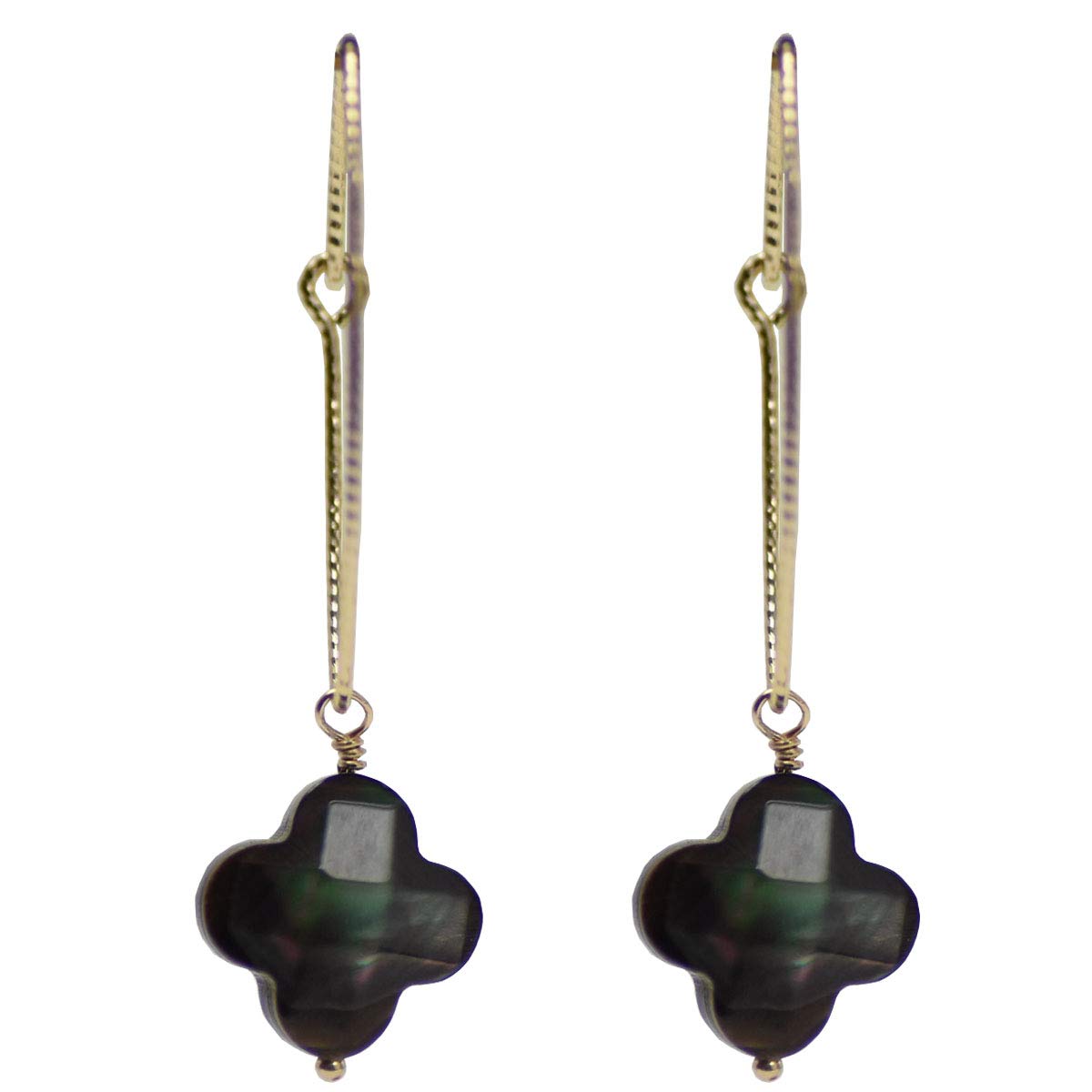 

K10YG Black Pearl Shell Four Leaf Marquise Hoop Mother of Pearl Earrings in Pearl Mani Mani [Made Japan] (Black Shell)