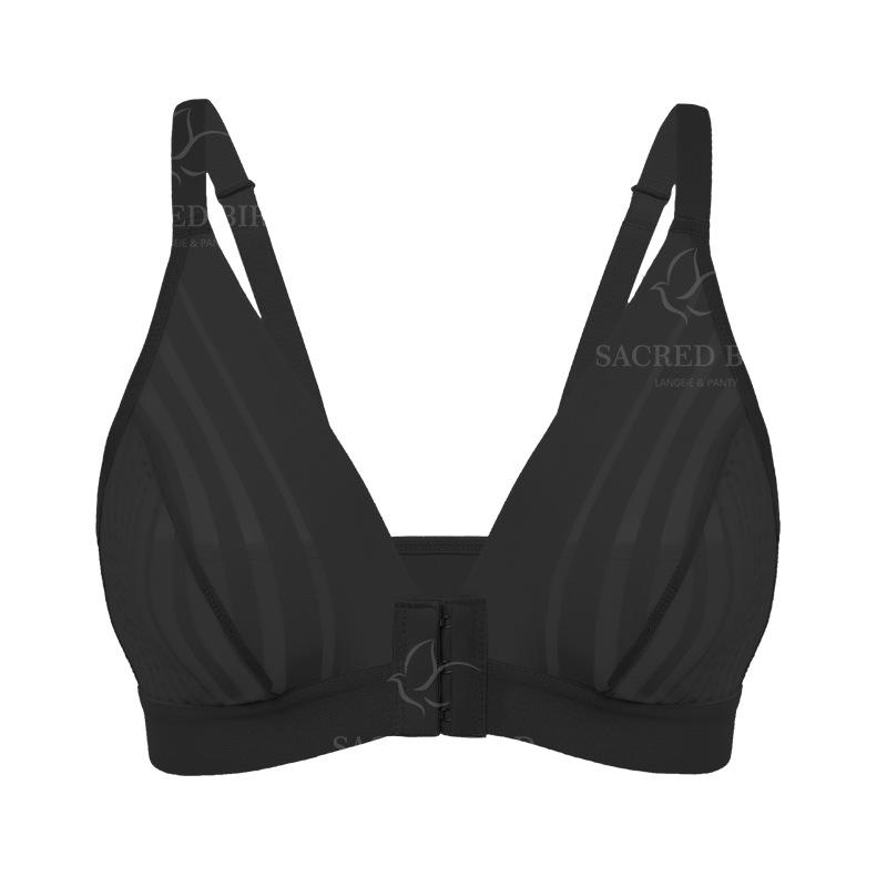 Прозрачный сетчатый полосатый бюстгальтер с передней застежкой – Беспроводной V-образный вырез, комфортное нижнее белье S чёрный