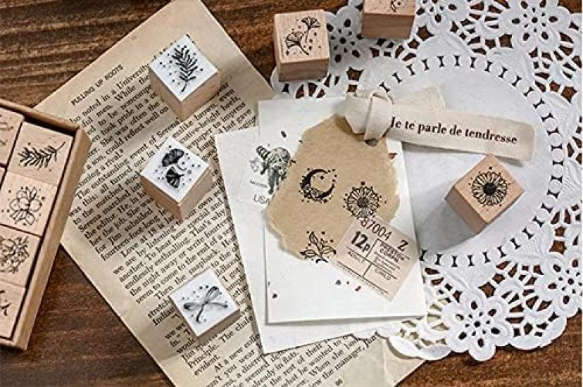 MissOrange Wooden Rubber Stamp Creative Stamp Set for Craft and Set, Moon, Flower, Leaf, Bowknot, Cards, Scrapbooking, Planners, 16-Piece Set, M-26