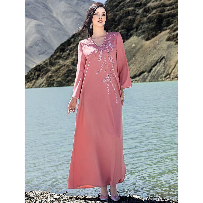 

Middle East New Fashion Temperament Elegant Handmade Seam Drill Robe Dress Hand Sewn Diamond Dres Sakura pollen S